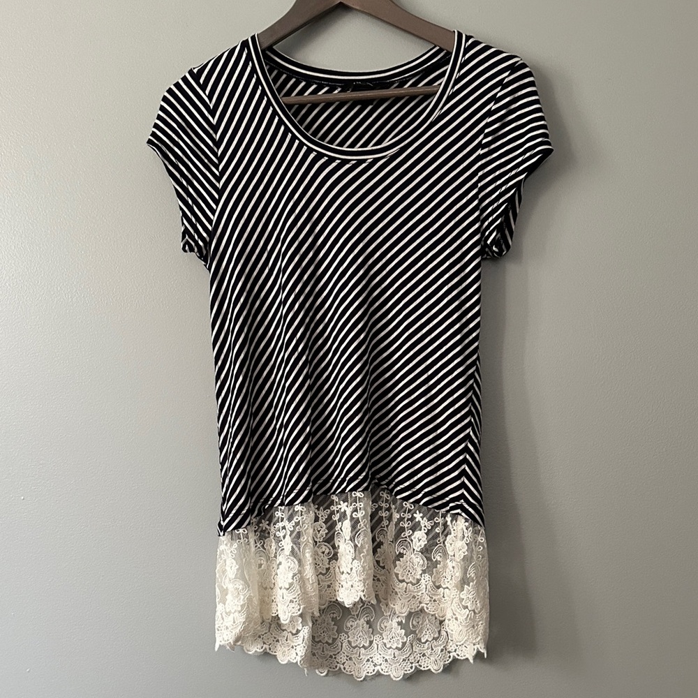 BCX Small Striped Black and White Lace Bottom Short Sleeve Top
